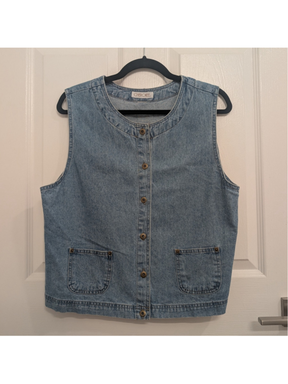 Vintage 90s Cherokee Denim Vest Medium Wash Button Front Cottagecore Prairie